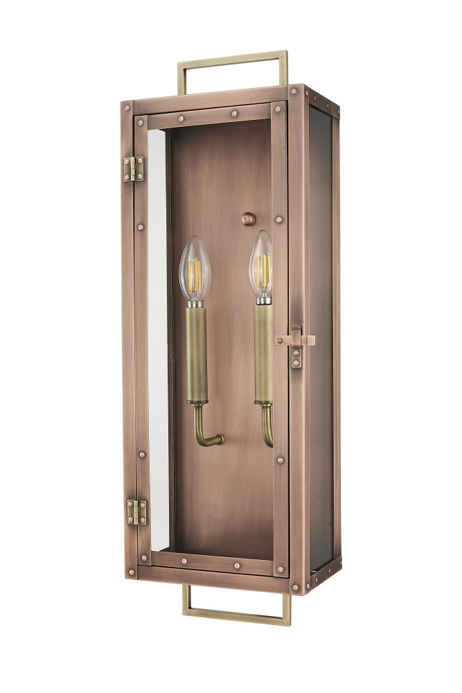 24 in. 2-Light Antique Copper With Brass accents Outdoor Wall Lantern With Clear Glass Panes