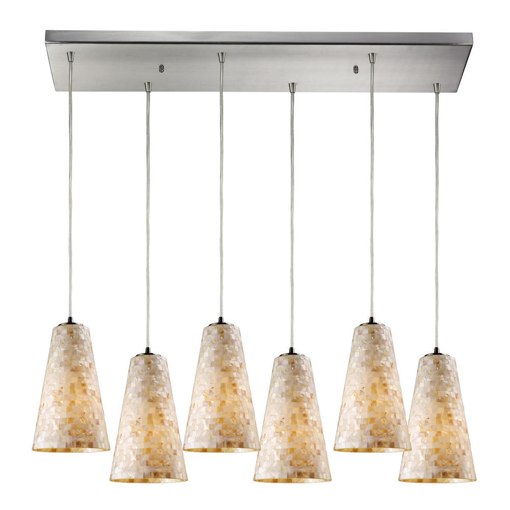 Capri 6-Light Rectangular Pendant Fixture in Satin Nickel with Capiz Shell Glass